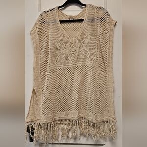 One World Beige Knit Poncho with Fringe Size 2XL
